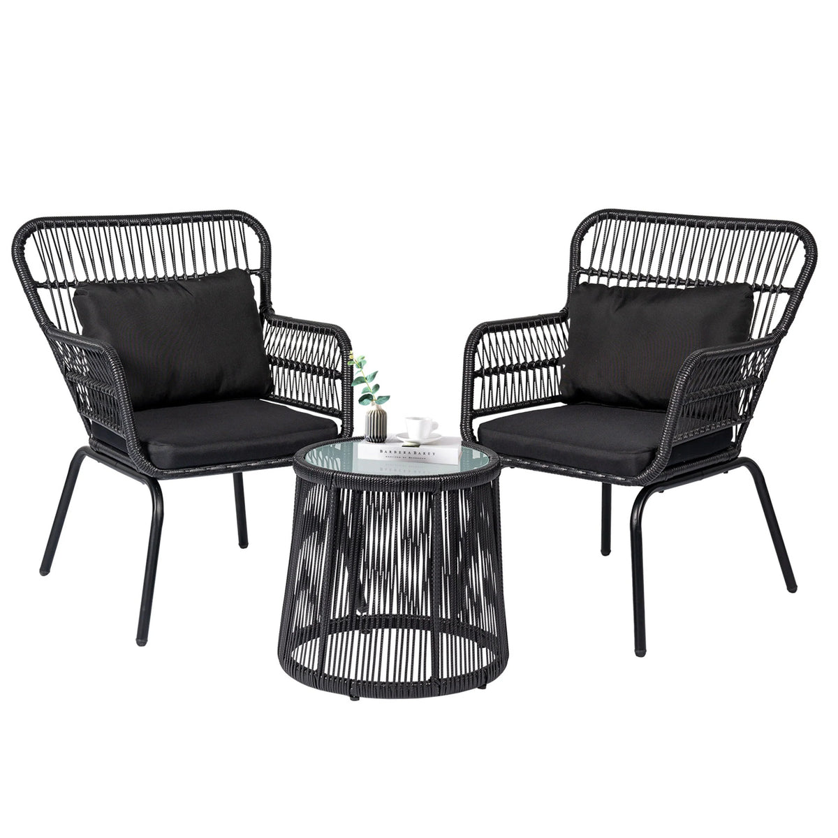 Ensemble bistrot 3 pièces en osier pour conversation, salon de jardin en rotin résistant aux intempéries avec coussins