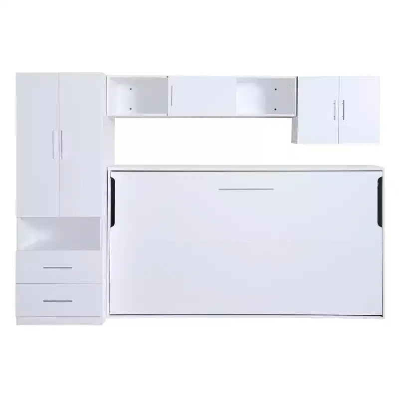 Lit escamotable mural simple, cadre de lit escamotable en bois avec armoire intégrée, tiroirs de rangement et étagères ouvertes, blanc - ModernLuxe