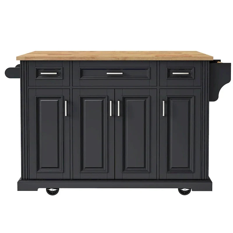 54 Grand îlot de cuisine avec plateau rabattable en bois d'hévéa, chariot de cuisine roulant à texture gaufrée sur 4 roues avec 4 portes et 3 tiroirs