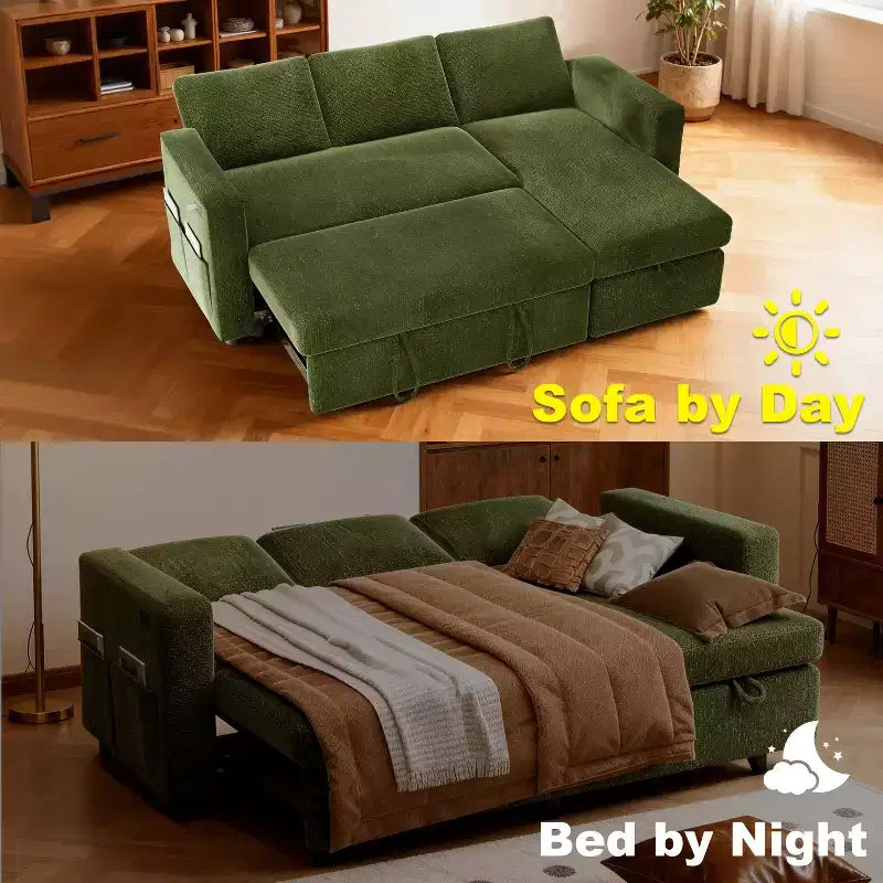 Canapé-lit sectionnel Dyonery 81, canapé-lit escamotable en forme de L avec méridienne de rangement réversible, USB, dossier inclinable