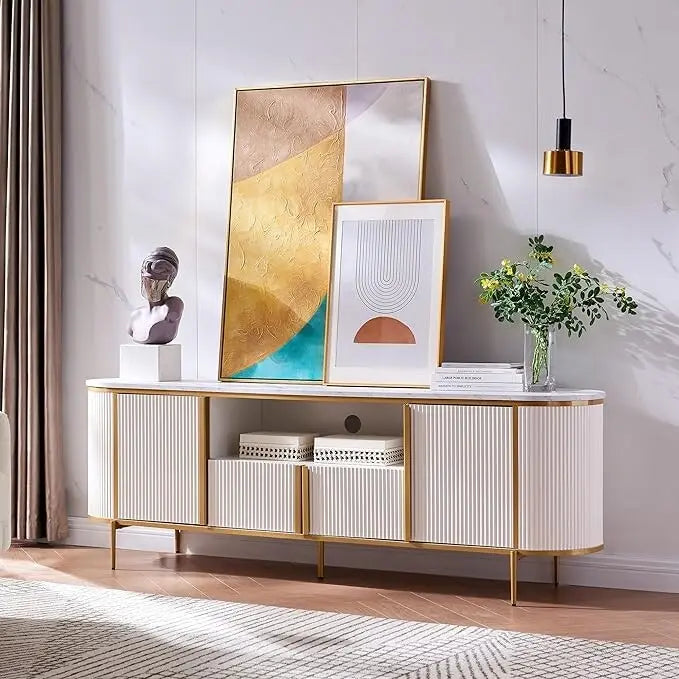 Meuble TV de luxe moderne, meuble de divertissement, avec plateau en faux marbre