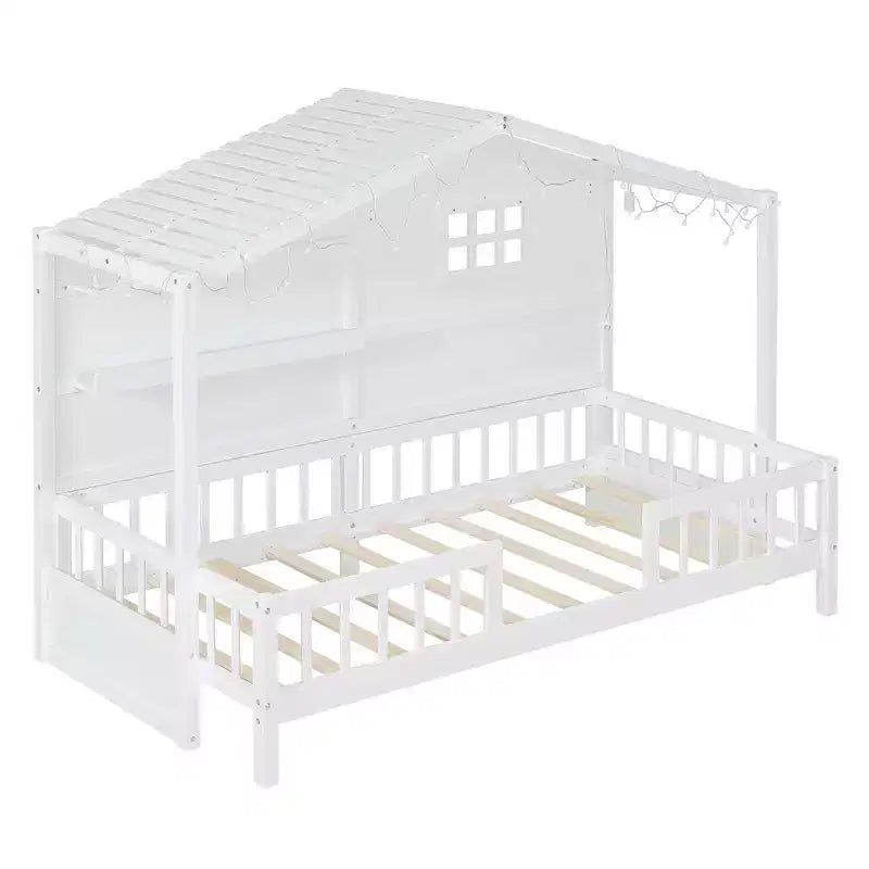 Lit cabane double avec étagères de rangement et barrières, cadre de lit Montessori en bois pour enfants avec fenêtre et bande lumineuse scintillante