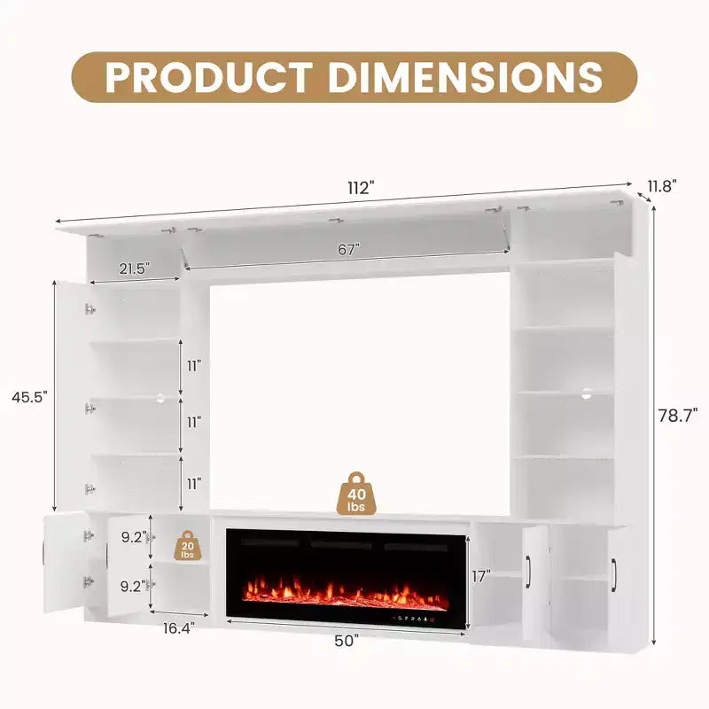 Meuble TV mural EROMMY 112L avec cheminée et lumières LED