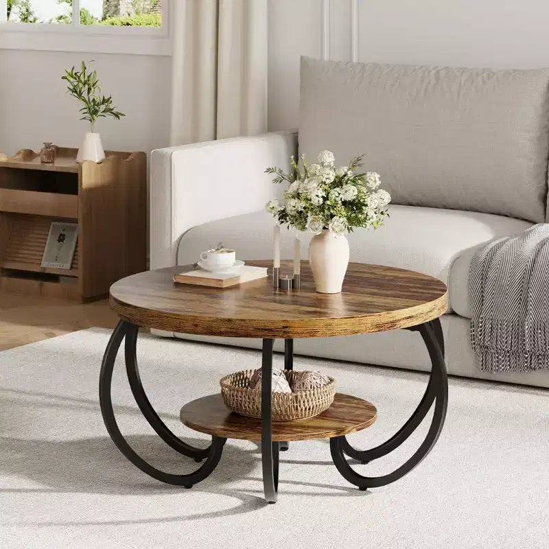 Table basse industrielle ronde de 30 pouces à 2 niveaux avec pieds réglables, étagère à grain de bois, motif flamme, assemblage facile, salon