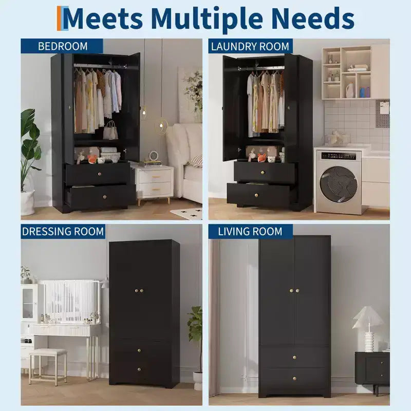 Armoire de chambre moderne en bois de 180 cm avec 2 portes, 2 tiroirs, étagères réglables, armoire de rangement pour vêtements et tringle à vêtements