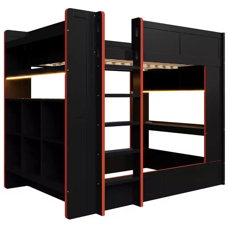 Lit superposé de jeu en bois pleine grandeur avec bureau intégré, étagères de rangement, lumières LED 7 couleurs et station de charge, noir - ModernLuxe
