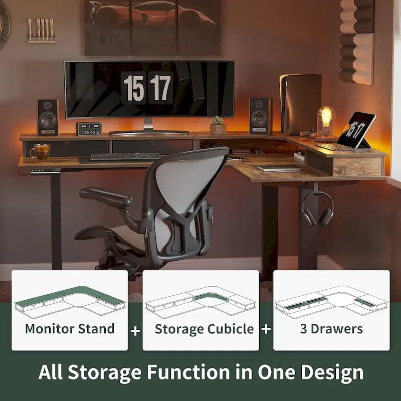 Bureau d'angle électrique debout avec 3 tiroirs et roulettes verrouillables, 160