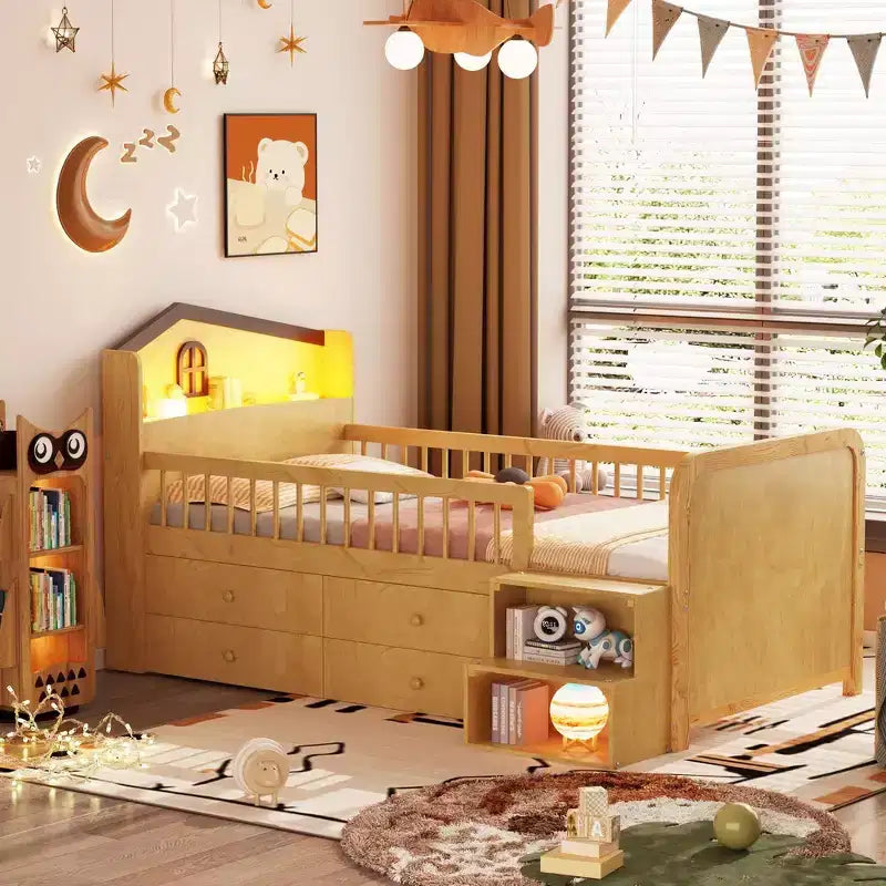 Lit mezzanine bas Whisen avec lumières LED, tête de lit en forme de maison et tiroirs de rangement, construction robuste
