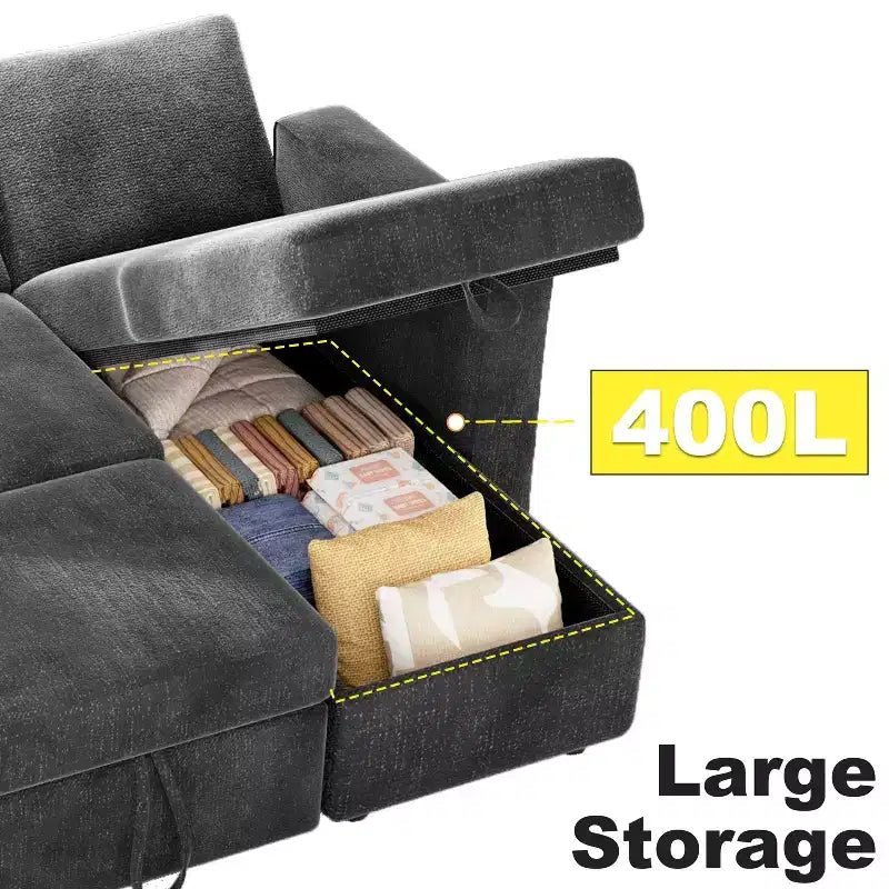 Canapé-lit sectionnel Dyonery 81, canapé-lit escamotable en forme de L avec méridienne de rangement réversible, USB, dossier inclinable
