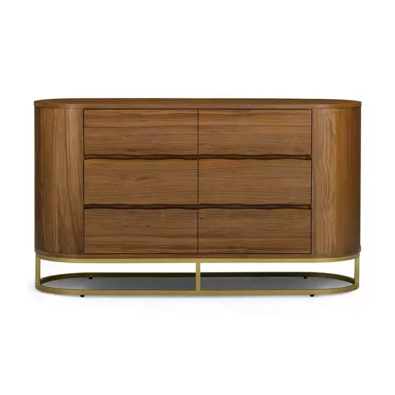 Commode moderne à 6 tiroirs avec plateau Live Edge, piètement en métal et construction en bois mélangé durable
