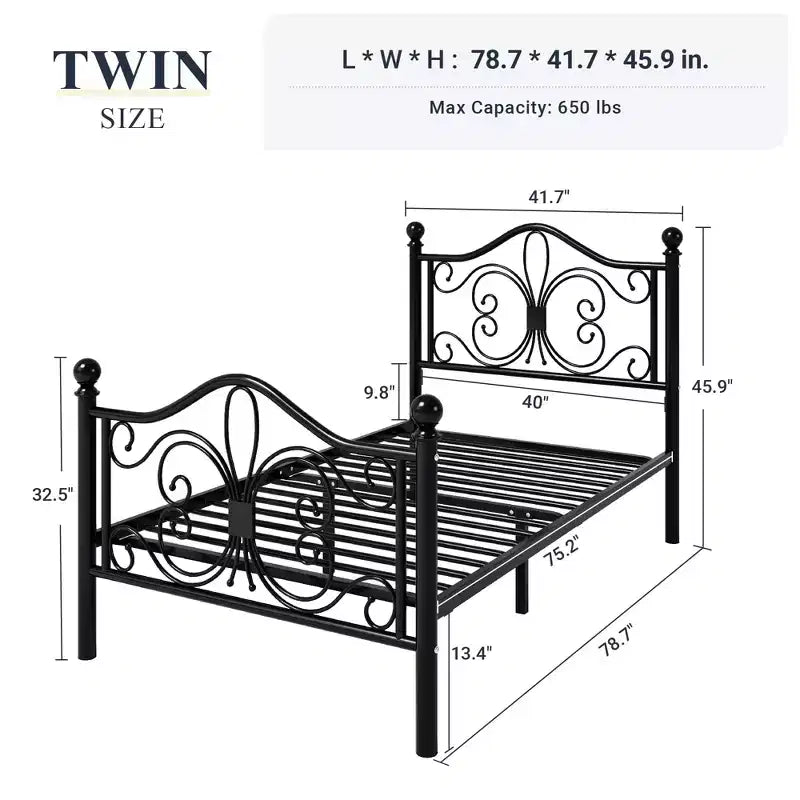 Cadre de lit en métal pour enfants avec tête et pied de lit papillon, aucun sommier tapissier requis