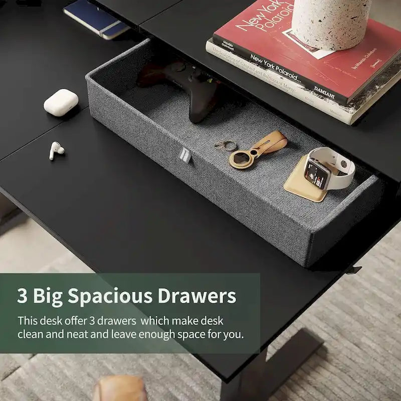 Bureau d'angle électrique debout avec 3 tiroirs et roulettes verrouillables, 160