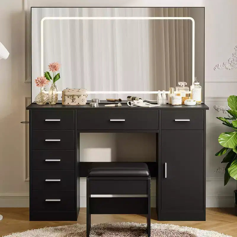 Coiffeuse moderne avec grand miroir, 7 tiroirs, lumières LED, chaise, 3 modes d'éclairage, support pour sèche-cheveux et station de recharge pour chambre à coucher