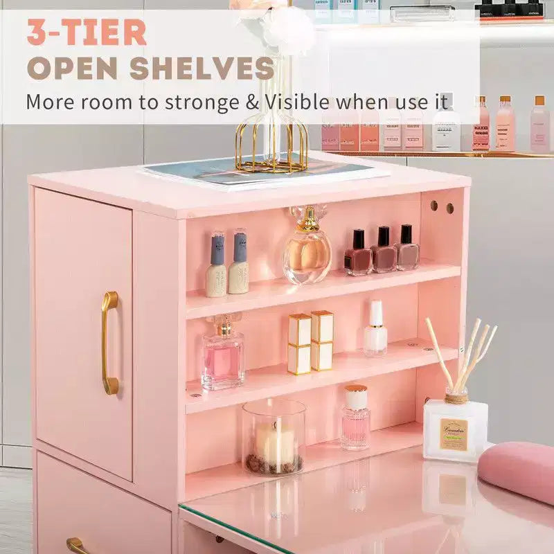 Bureau de manucure moderne noir/rose avec plateau en verre et repose-poignet, poste unique