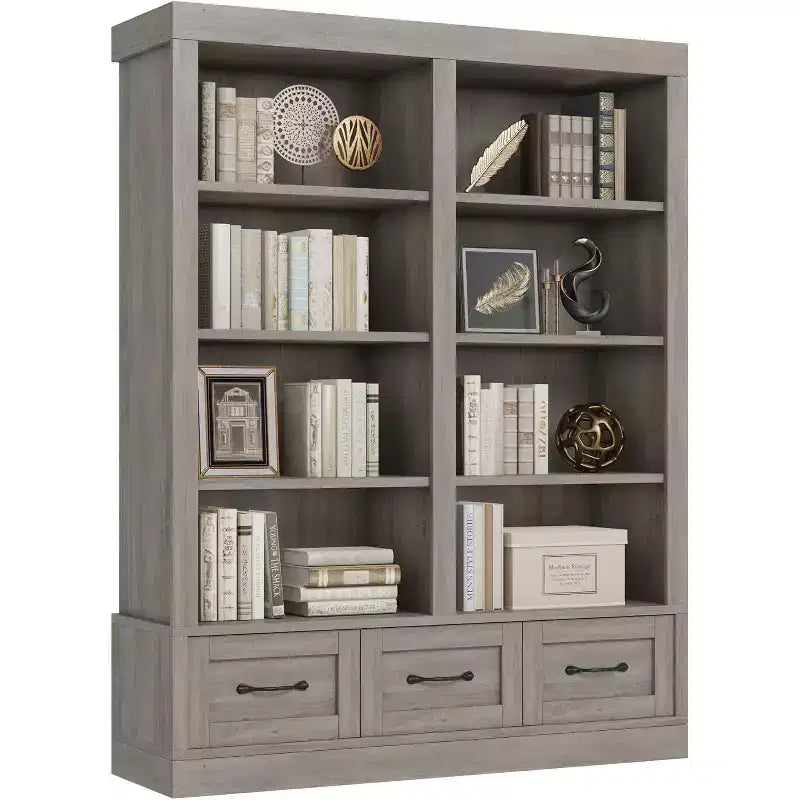 Bibliothèque et étagères de 64 H, étagère avec 3 tiroirs de rangement, étagère ouverte à 4 niveaux double largeur pour bureau salon