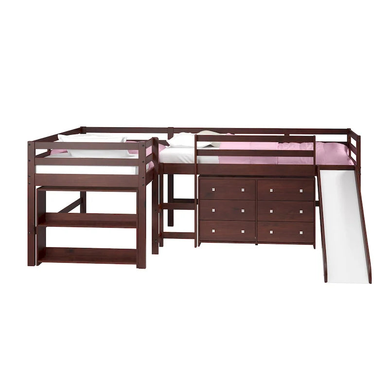 Ensemble de chambre mezzanine en L Double Twin avec toboggan, finition cappuccino foncé
