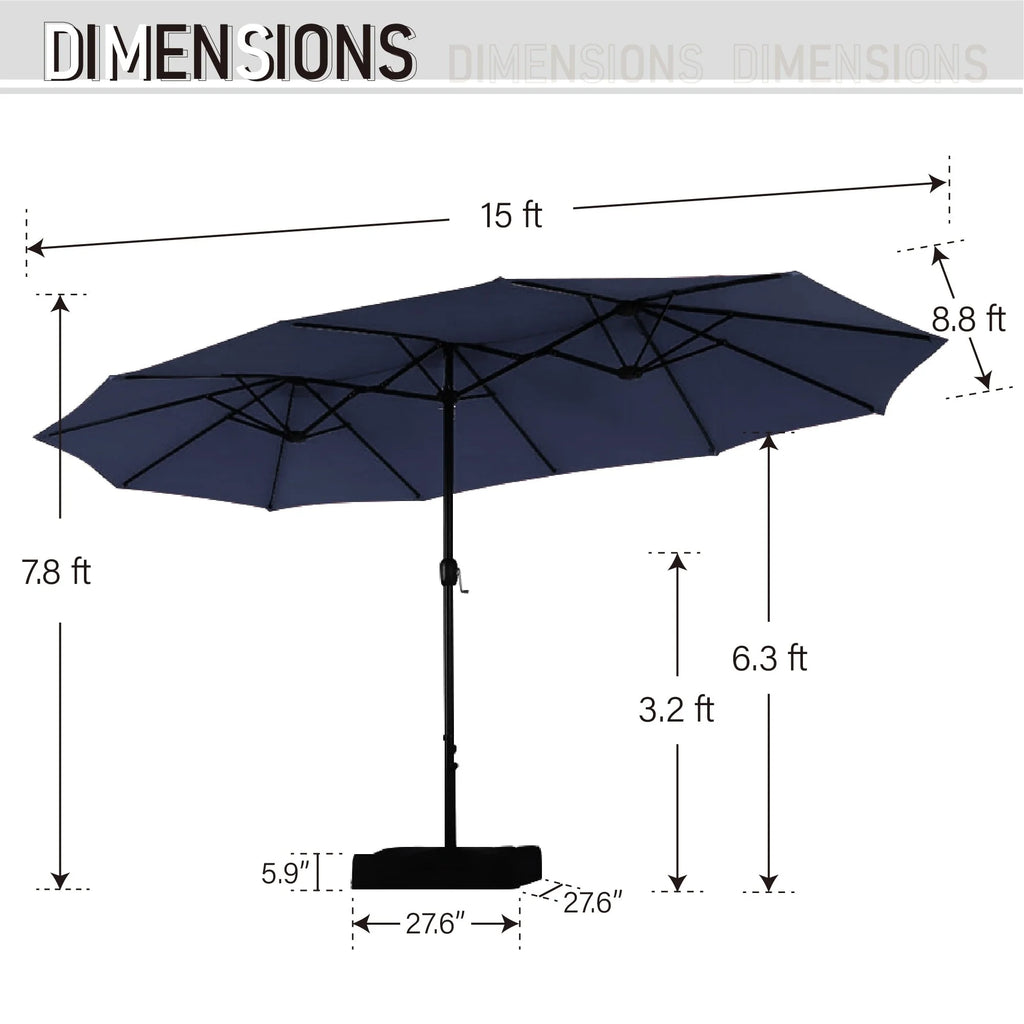 Parasol de marché extérieur rectangulaire de 4,5 m avec manivelle, double face, lumières LED solaires et base incluse