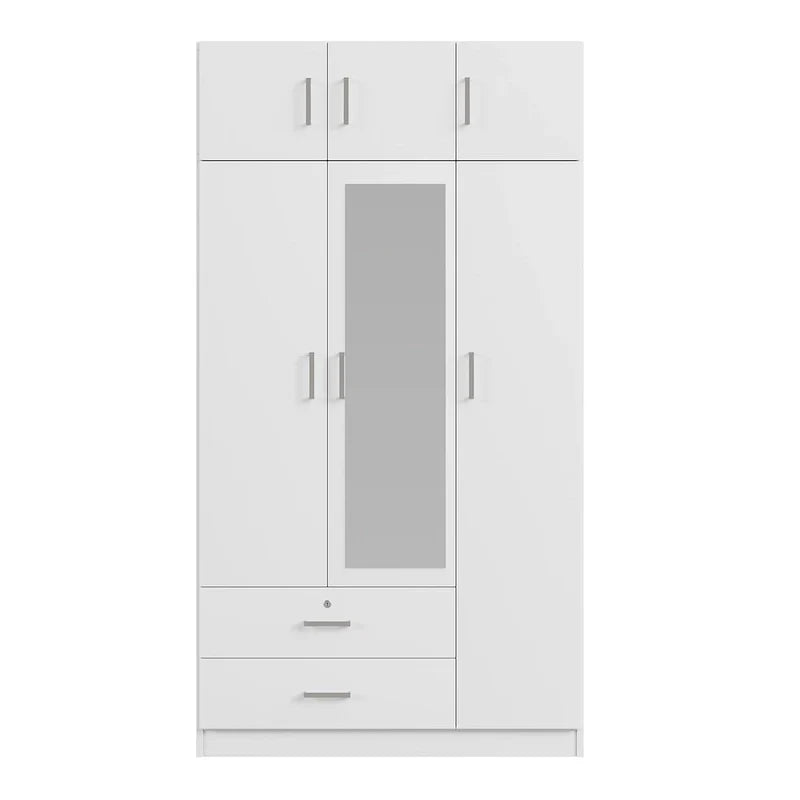 Armoire penderie miroir 3 portes avec 2 tiroirs et meuble haut