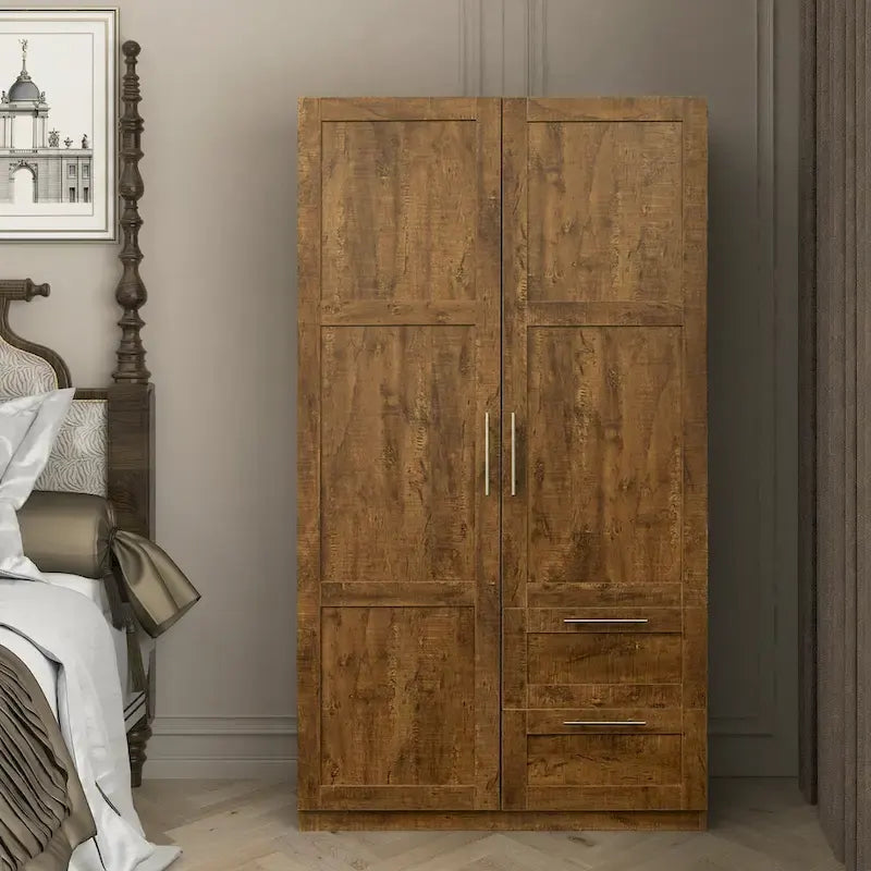 Armoire de rangement en bois blanc avec portes, tiroirs et tringle à vêtements