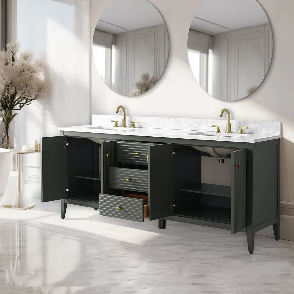 Meuble-lavabo de salle de bain Vanity Art 72 po à double vasque avec dessus en marbre reconstitué