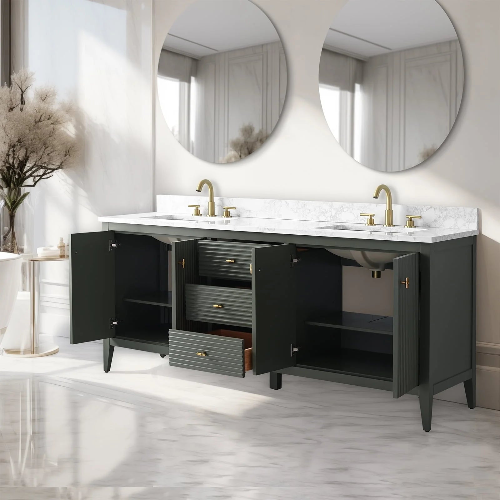 Meuble-lavabo de salle de bain Vanity Art 72 po à double vasque avec dessus en marbre reconstitué
