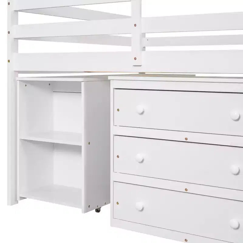 Lit bas mezzanine pleine grandeur avec bureau roulant, 3 tiroirs et étagères