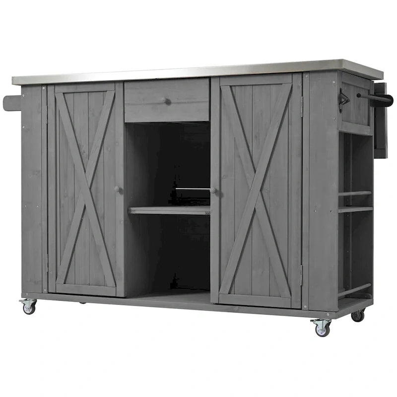 Îlot de cuisine d'extérieur, bois de sapin rustique avec plateau en acier inoxydable et rangement intelligent