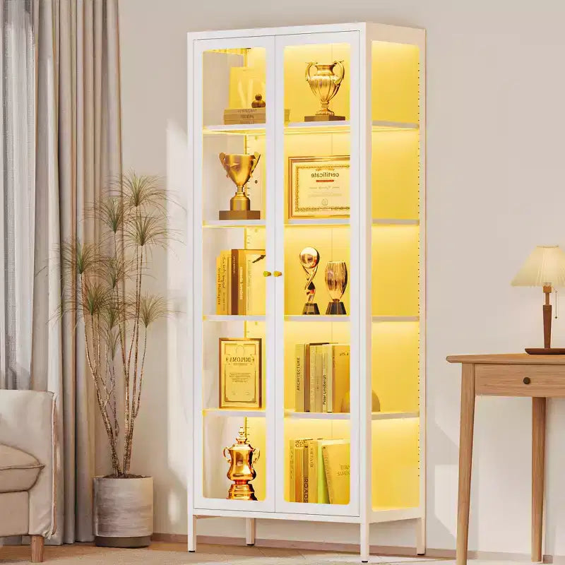 Bekrvio 67H Vitrine en Verre à 3 Côtés avec Lumières LED, Rangement à 5 Niveaux avec Double Porte et Cadre Métallique pour Objets de Collection, Idéale pour les Petits Espaces