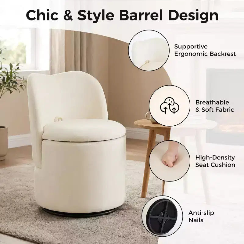 Chaise de vanité pivotante avec rangement, tabouret de maquillage rond rembourré avec dossier, fauteuil d'appoint rembourré doux pour chambre et salon