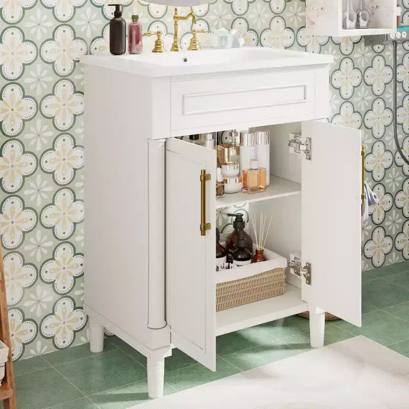 Meuble-lavabo de 24 po avec évier en céramique, armoire Shaker, 2 portes à fermeture amortie, cadre en bois massif pour petite salle de bain ou salle d'eau