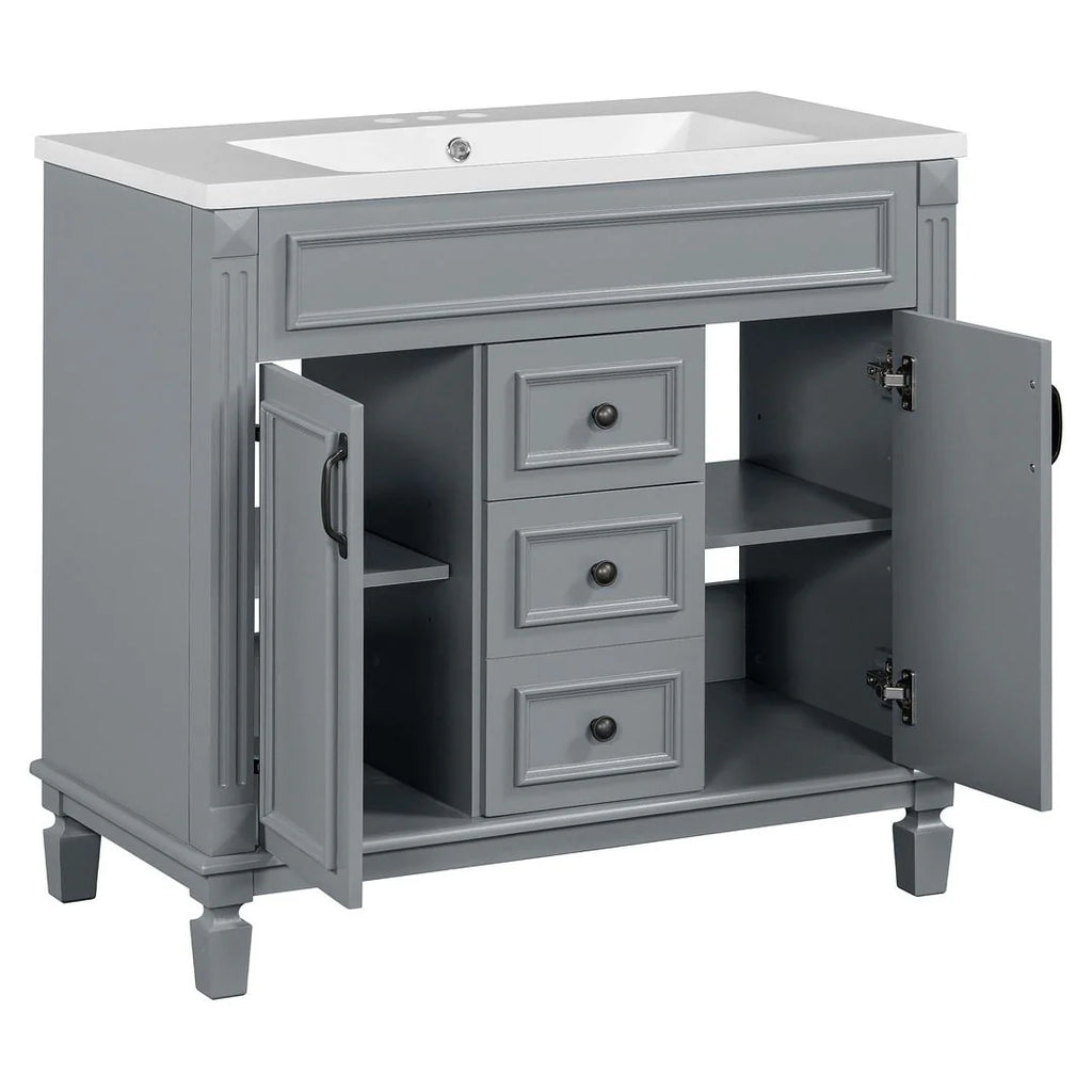 Meuble-lavabo de salle de bain moderne de 91 cm avec lavabo et armoire de toilette, 2 portes et 2 tiroirs