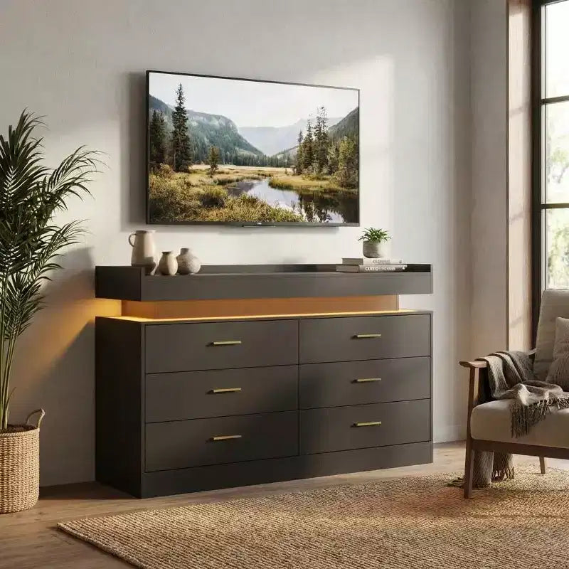 Meuble TV moderne avec 6 tiroirs et lumières LED, bar à café flottant pour centre de divertissement de salon