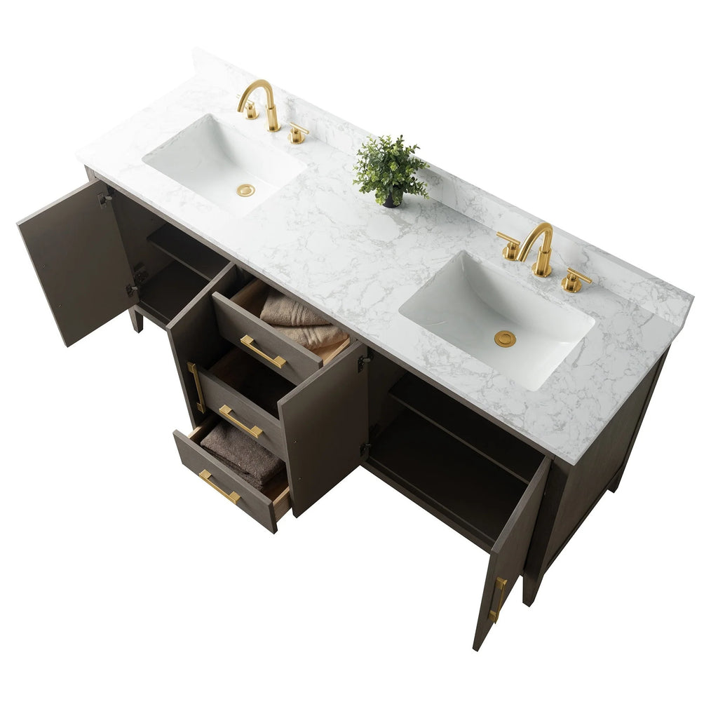 Meuble-lavabo de salle de bain Vanity Art 72 po à double vasque avec dessus en marbre reconstitué