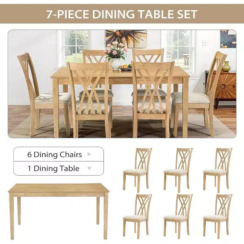 Ensemble de salle à manger Zevemomo 7 pièces en bois massif avec 6 chaises rembourrées, ensemble table et chaises compact pour salle à manger, cuisine, couleur bois naturel