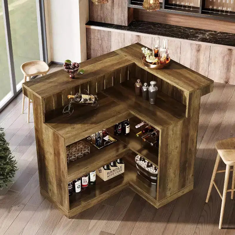 Bar de salon en L Lantine, bar à liqueurs d'angle à 4 niveaux avec étagères de rangement et porte-verres à vin pour pub à domicile