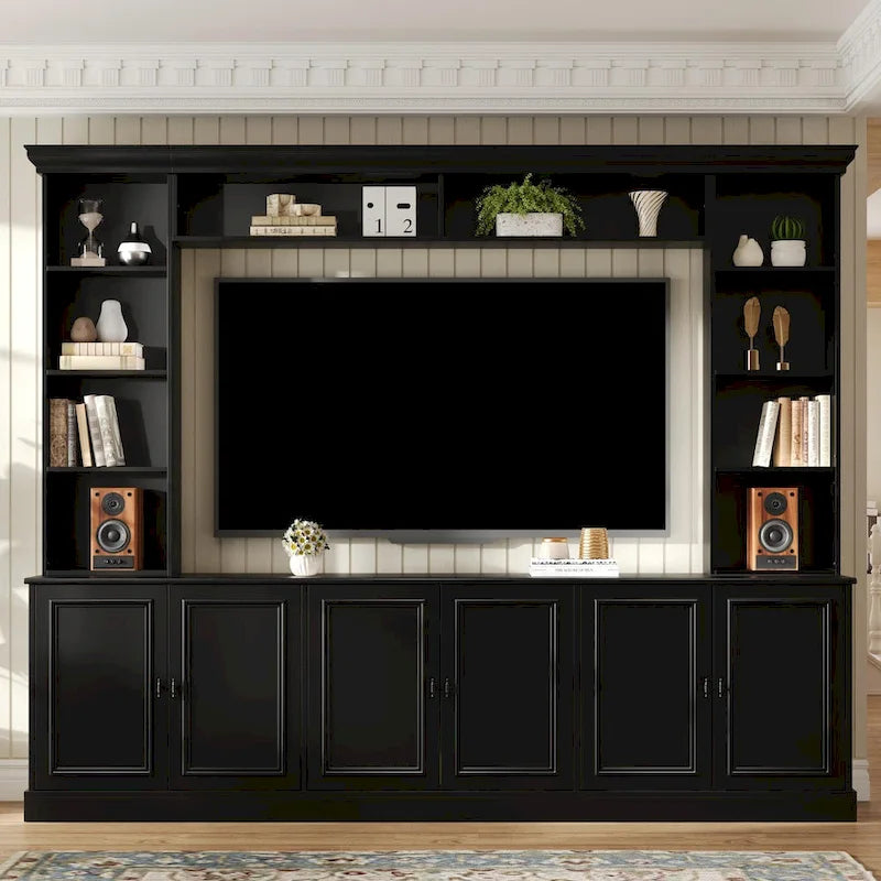 Ensemble mural de 4 meubles TV avec pont pour téléviseurs jusqu'à 70 pouces, meuble TV avec étagères réglables, grande console multimédia