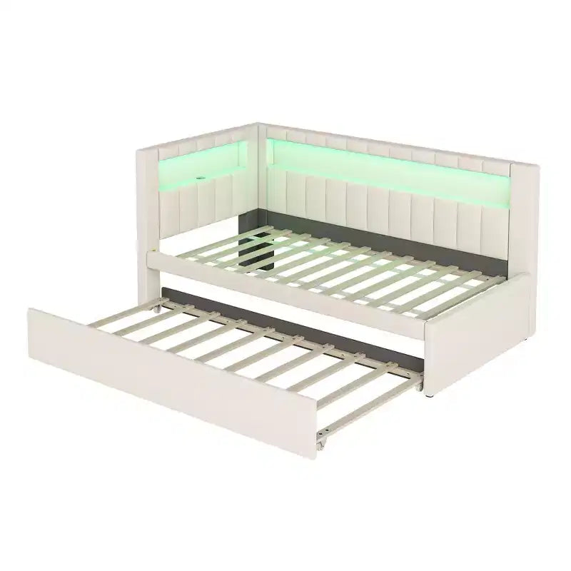Lit de repos double/complet avec tiroir gigogne et tête de lit bibliothèque en L, lit d'angle doux rembourré en lin avec étagères de rangement et bande LED