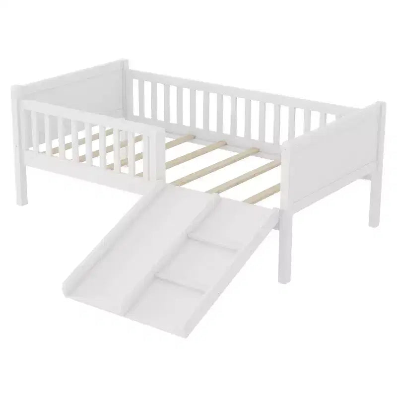 Lit superposé simple Whisen pour enfant avec toboggan, étagère de rangement mobile, balustrades, cadre de lit mezzanine bas