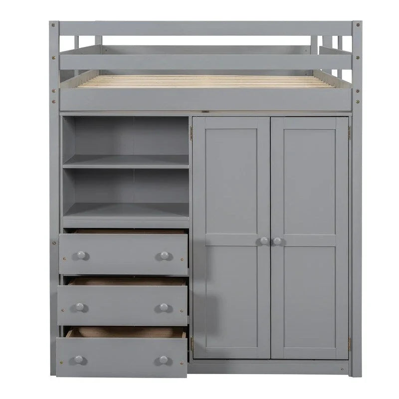 Lit mezzanine en bois pleine grandeur avec armoire intégrée, bureau, étagères de rangement et tiroirs