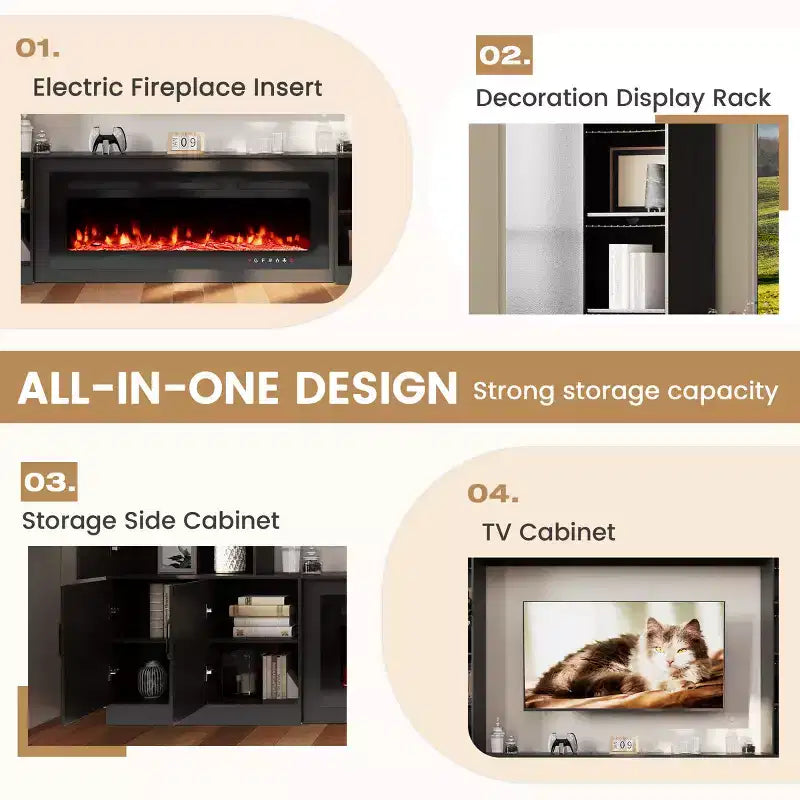 Meuble TV mural EROMMY 112L avec cheminée et lumières LED