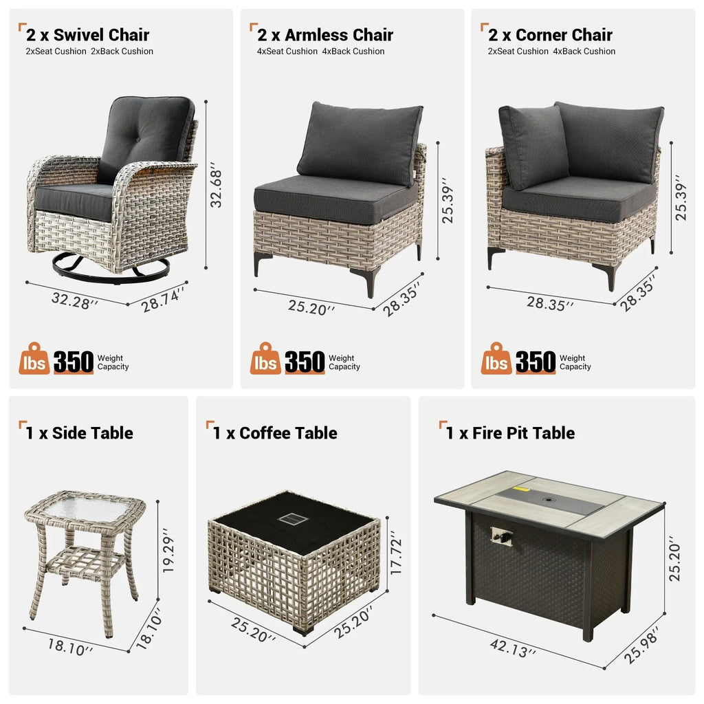 Ensemble de 9 chaises pivotantes en osier d'extérieur OVIOS avec table brasero