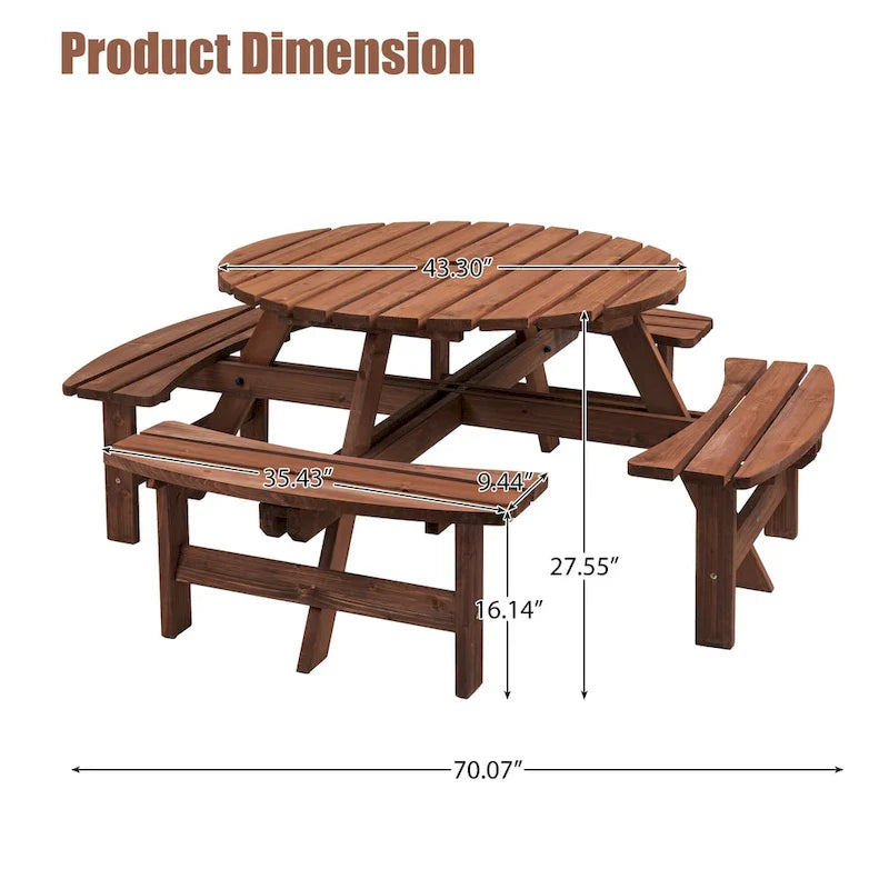 Ensemble de salle à manger rond en bois de sapin pour patio extérieur 8 personnes avec 4 bancs intégrés et trou pour parasol