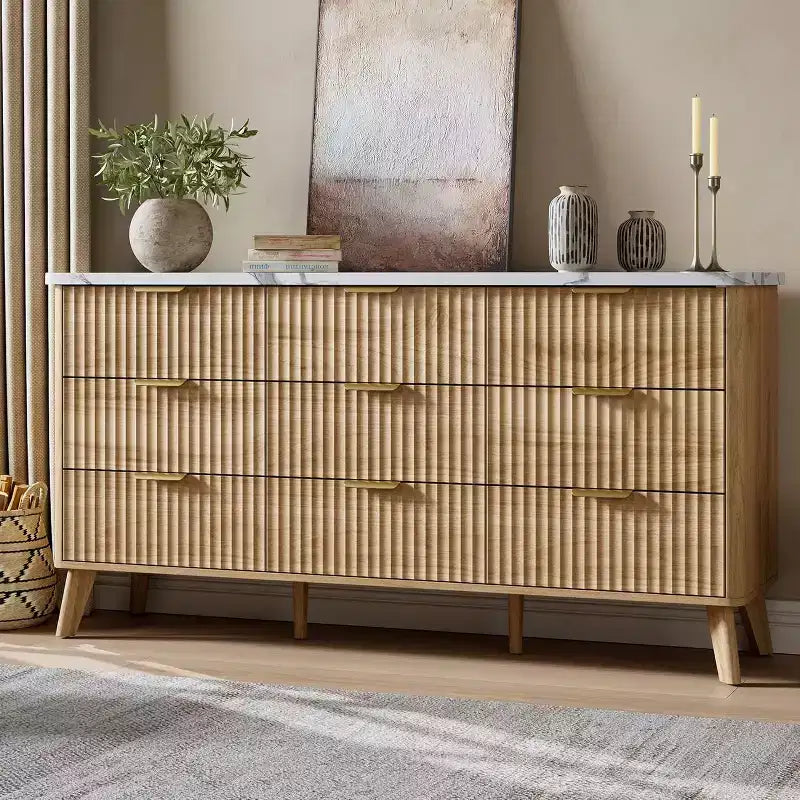 Commode cannelée à 9 tiroirs, commode moderne, meuble TV en bois, design à profil incurvé, pour salon, couloir