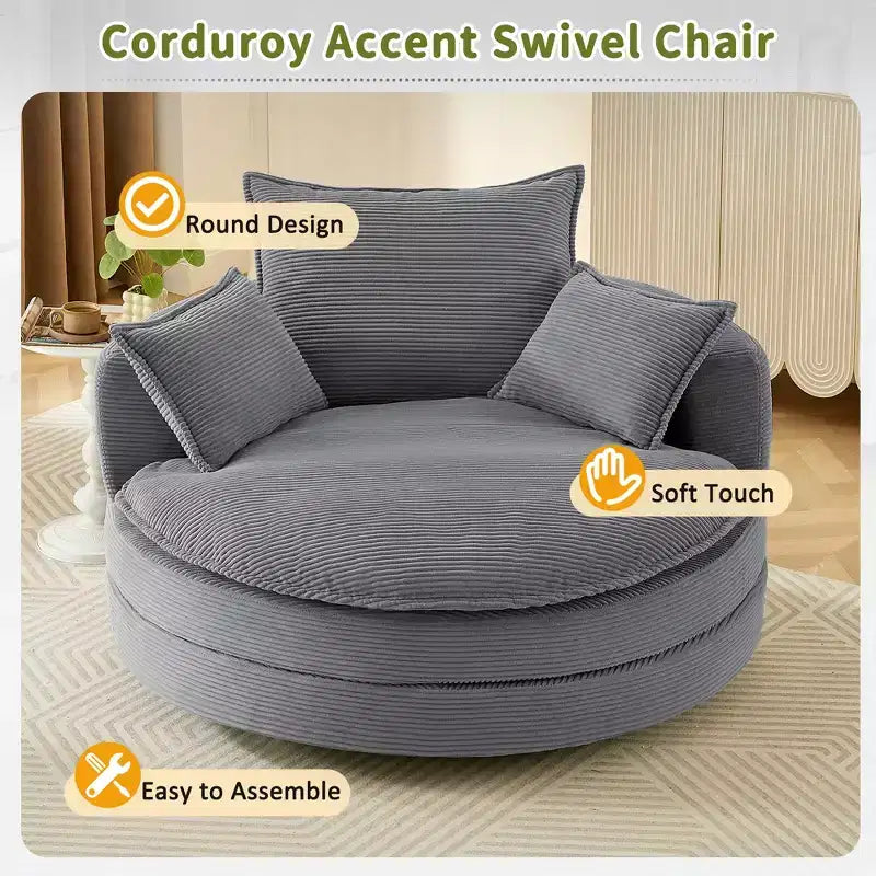Fauteuil d'appoint pivotant à 360°, Fauteuil pivotant rond en forme de baril avec coussin pour salon