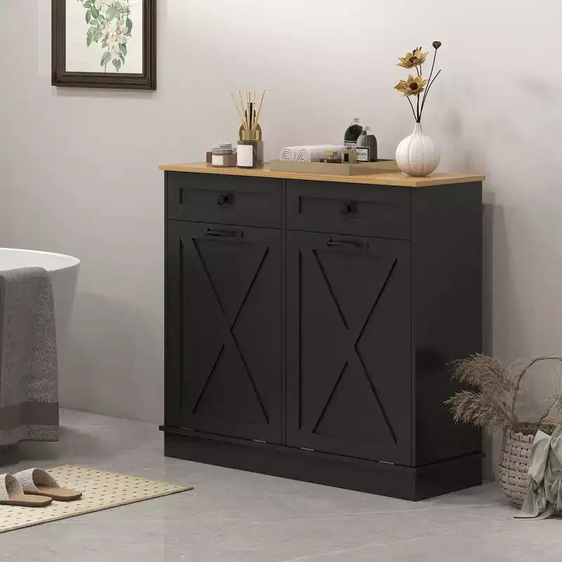 Meuble de salle de bain HOMCOM avec panier à linge basculant, 2 paniers amovibles et 2 tiroirs