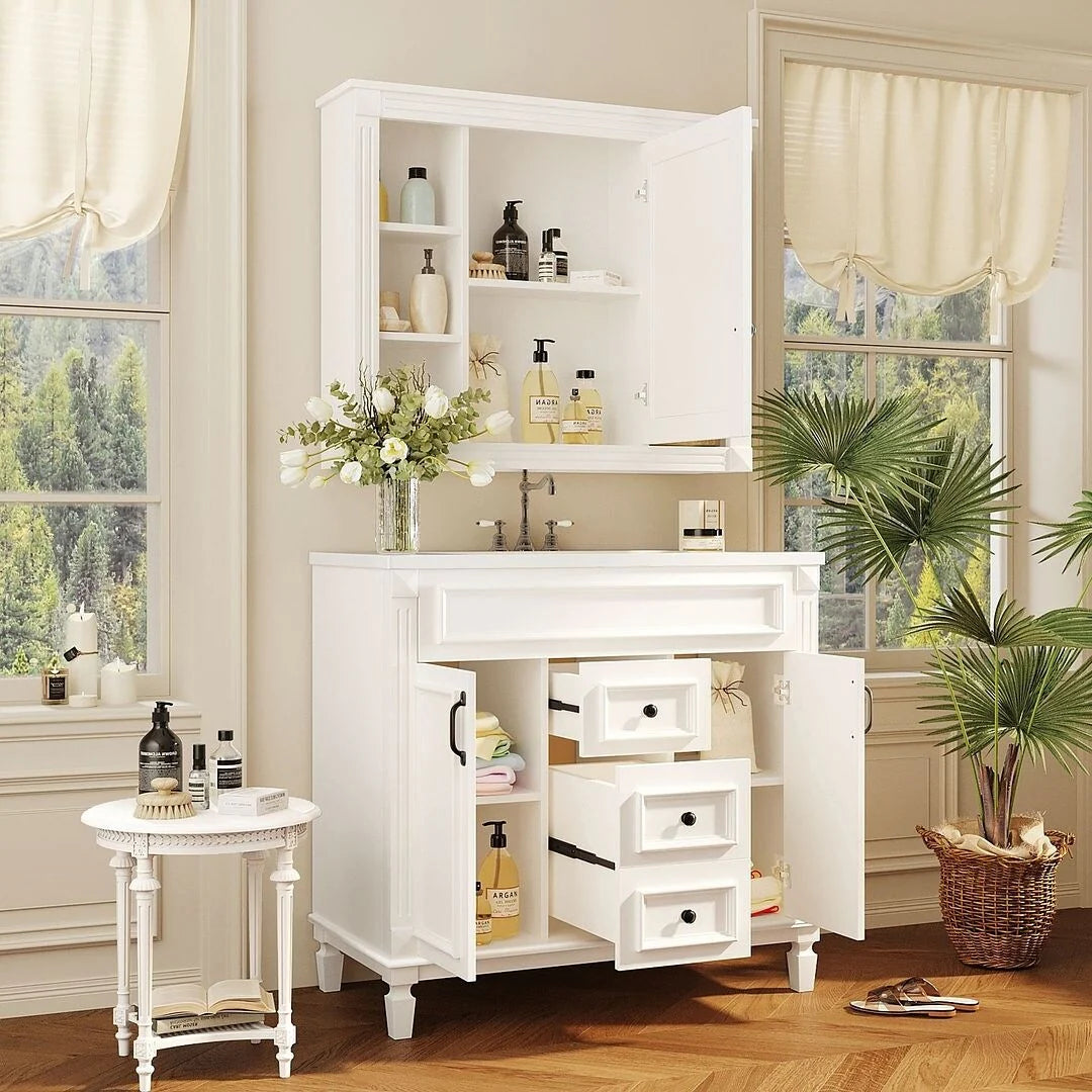 Meuble-lavabo de salle de bain moderne de 91 cm avec lavabo et armoire de toilette, 2 portes et 2 tiroirs
