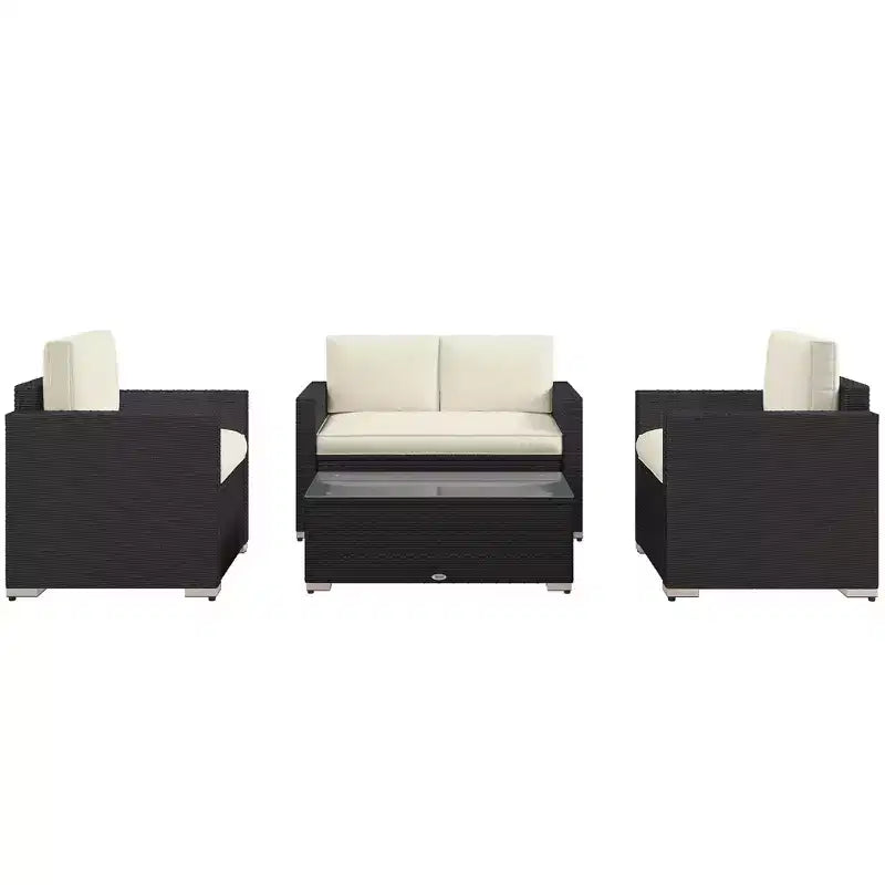 Ensemble de canapés en rotin 4 pièces, ensemble de canapés de patio en osier avec causeuse, chaises et table basse en verre pour jardin extérieur
