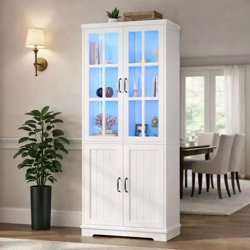 AMERLIFE Armoire de rangement haute 180 cm avec lumières LED, grande bibliothèque avec portes en verre acrylique