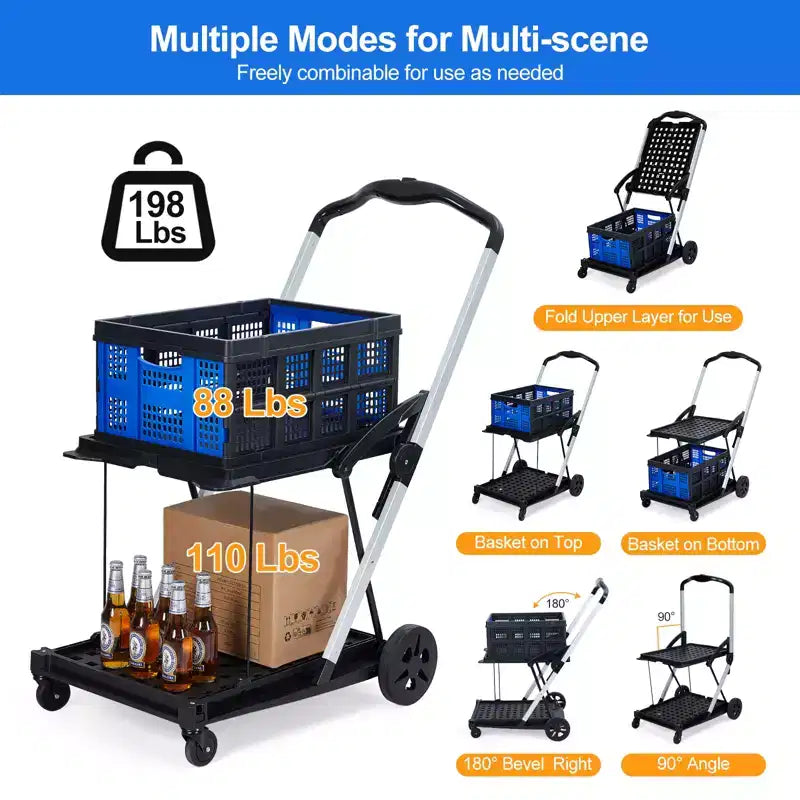 Chariots de courses pliants à 2 niveaux pour l'épicerie, capacité de 90 kg, chariot d'épicerie pliable portable avec roues et caisse amovible pour centre commercial, bleu