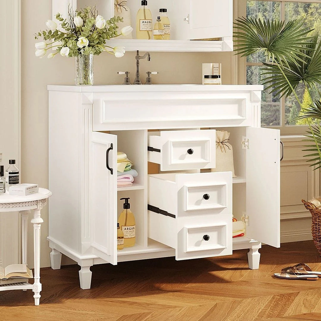 Meuble-lavabo de salle de bain moderne de 91 cm avec lavabo et armoire de toilette, 2 portes et 2 tiroirs